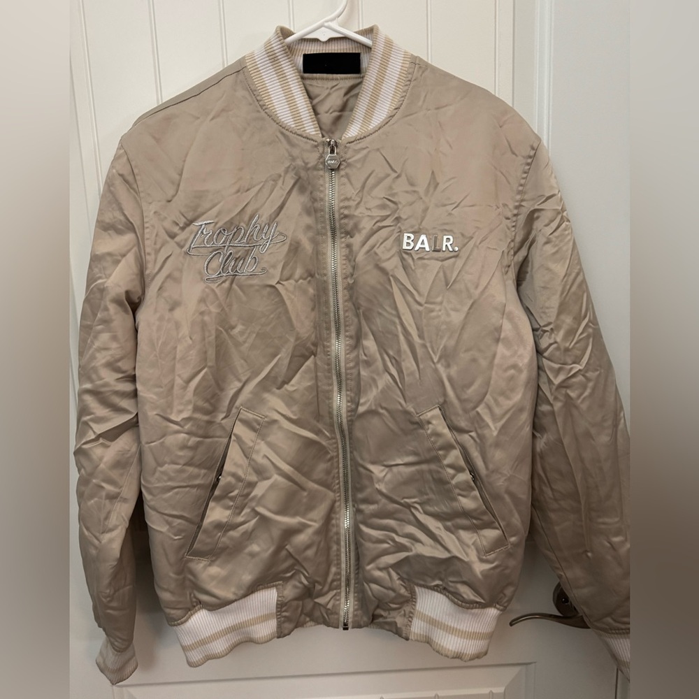 Women’s BALR Tan Bomber Jacket with Embroidered Details size small #107